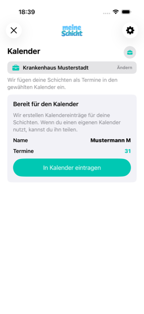 Meine Schicht App zeigt 31 erkannte Termine und den Button In Kalender eintragen